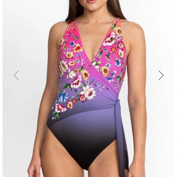 Johnny Was Ombré Garden Wrap One Piece Bathing Suit XS Multi Flowers V Neck - Picture 11 of 14
